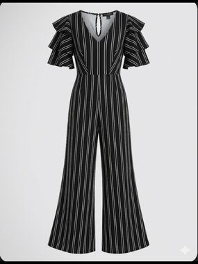 JODIFL Black and White Pinstripe V-Neck Wide-Leg Jumpsuit with Ruffle Sleeves